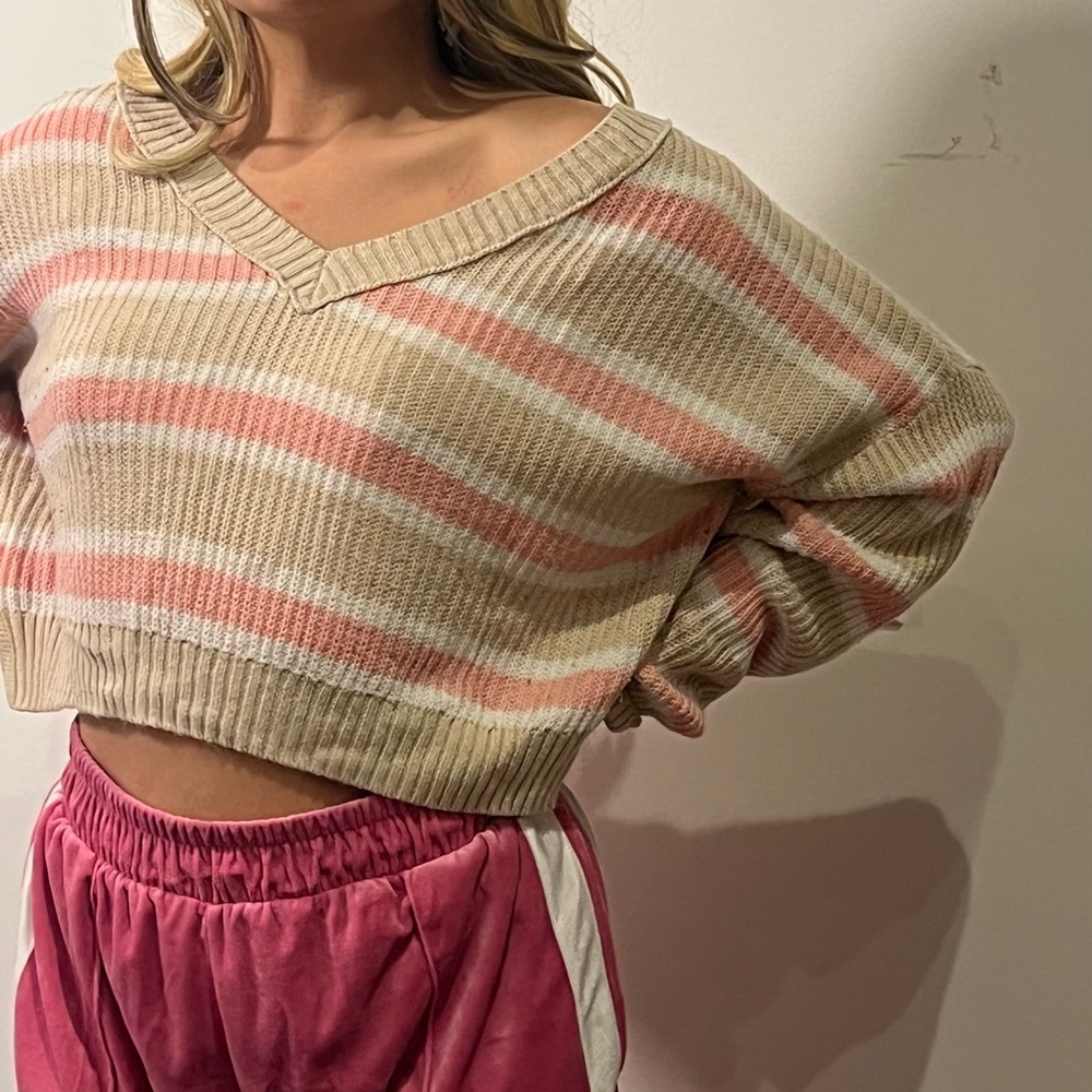 Rue21 Pink and Cream Striped V-Neck Sweater